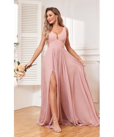 Chiffon Bridesmaid Dress for Wedding with Long Sleeve V Neck Formal Party Gown with Slit Green $35.99 Dresses