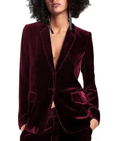 Women's Velvet Suit Long Sleeve Lapel Open Front Cardigan Coat Casual Office Blazer Jacket Pants Suits with Pockets Burgundy ...