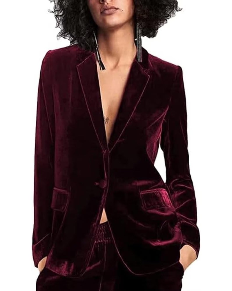 Women's Velvet Suit Long Sleeve Lapel Open Front Cardigan Coat Casual Office Blazer Jacket Pants Suits with Pockets Burgundy ...