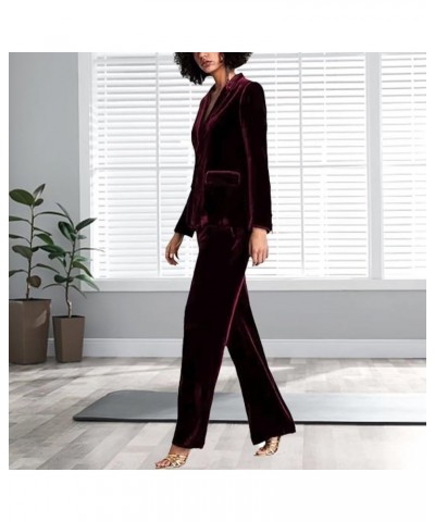 Women's Velvet Suit Long Sleeve Lapel Open Front Cardigan Coat Casual Office Blazer Jacket Pants Suits with Pockets Burgundy ...