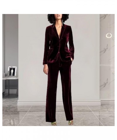 Women's Velvet Suit Long Sleeve Lapel Open Front Cardigan Coat Casual Office Blazer Jacket Pants Suits with Pockets Burgundy ...