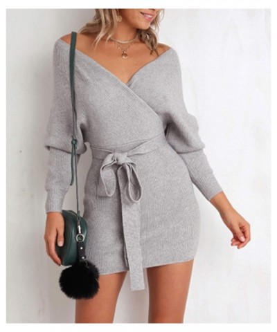 Women's Sexy Cocktail Batwing Long Sleeve Backless Mock Wrap Knit Sweater Mini Dress Gray $22.90 Sweaters