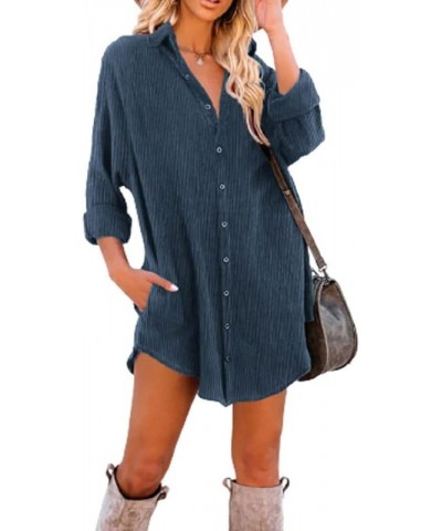 Women's Corduroy Long Sleeve Button Down Shirts Tunic Dresses with Pockets A Blue $15.25 Dresses