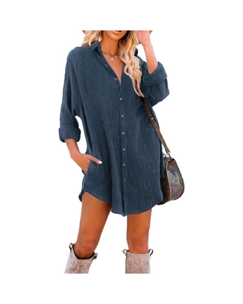 Women's Corduroy Long Sleeve Button Down Shirts Tunic Dresses with Pockets A Blue $15.25 Dresses