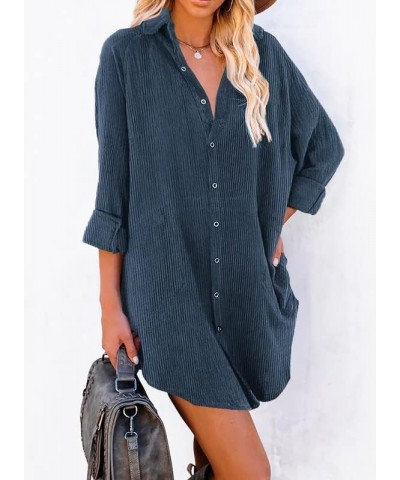 Women's Corduroy Long Sleeve Button Down Shirts Tunic Dresses with Pockets A Blue $15.25 Dresses