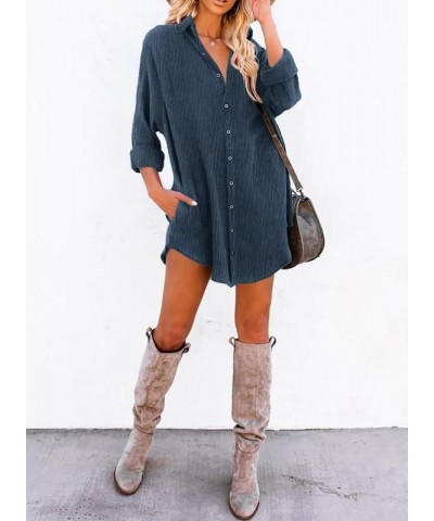 Women's Corduroy Long Sleeve Button Down Shirts Tunic Dresses with Pockets A Blue $15.25 Dresses