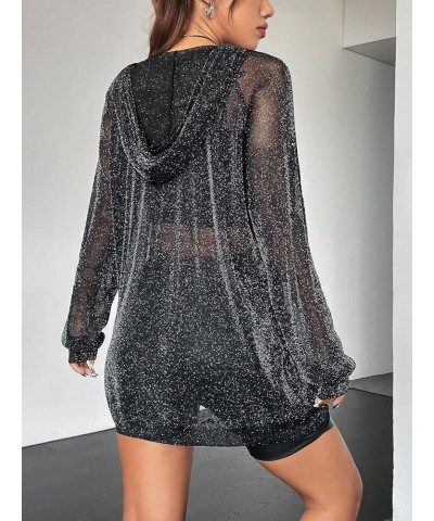 Women's Glitter Mesh Hoodie Raglan Sleeve Sexy See Through Long Sweatshirt Black $15.67 Hoodies & Sweatshirts