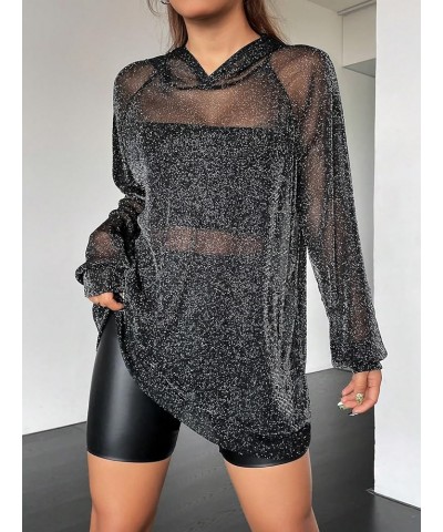 Women's Glitter Mesh Hoodie Raglan Sleeve Sexy See Through Long Sweatshirt Black $15.67 Hoodies & Sweatshirts