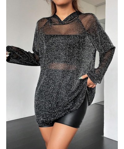 Women's Glitter Mesh Hoodie Raglan Sleeve Sexy See Through Long Sweatshirt Black $15.67 Hoodies & Sweatshirts