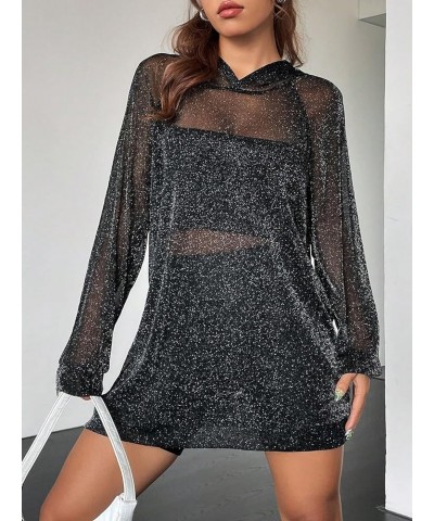 Women's Glitter Mesh Hoodie Raglan Sleeve Sexy See Through Long Sweatshirt Black $15.67 Hoodies & Sweatshirts