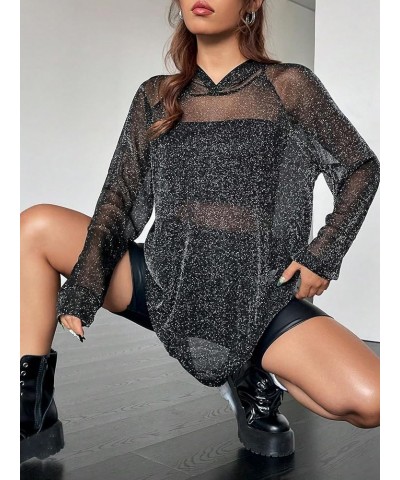 Women's Glitter Mesh Hoodie Raglan Sleeve Sexy See Through Long Sweatshirt Black $15.67 Hoodies & Sweatshirts