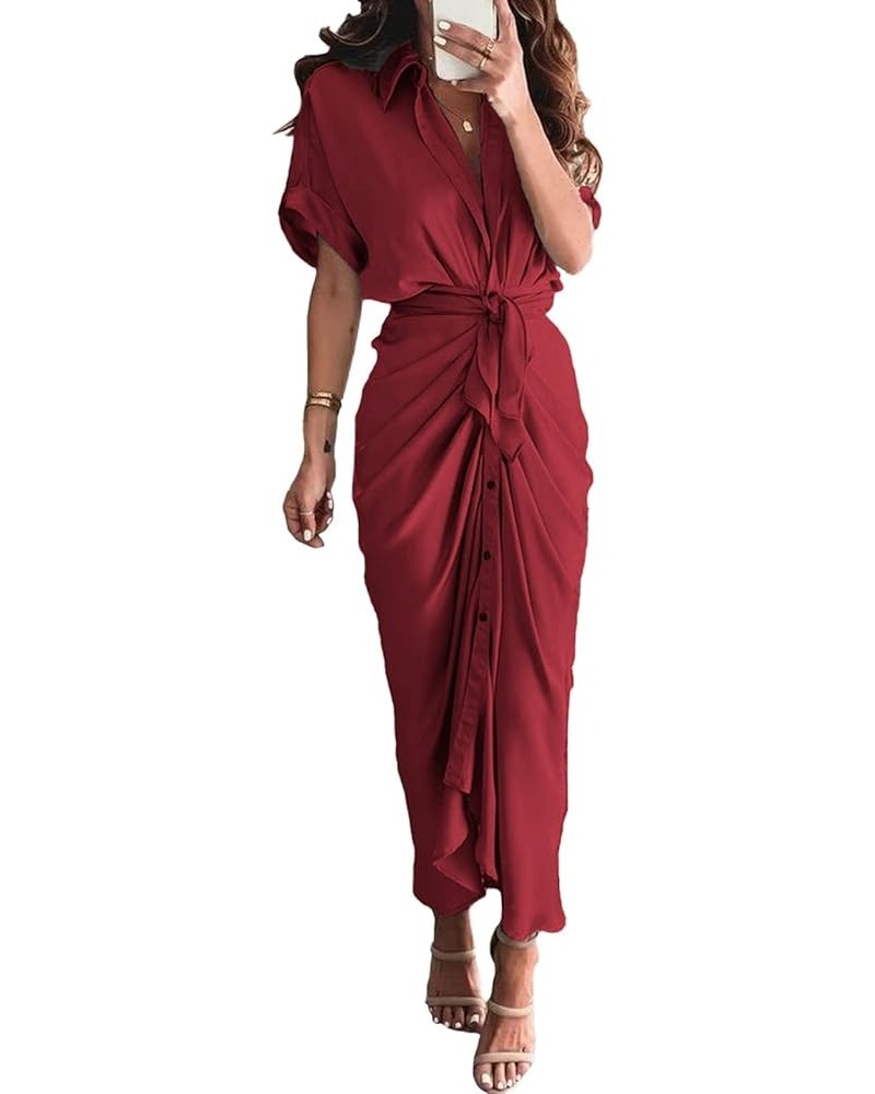 Women's Elegant Satin Shirt Maxi Dress Short Sleeve Deep V Neck Button Down Ruched Long Dress with Belt Ruby $17.60 Dresses