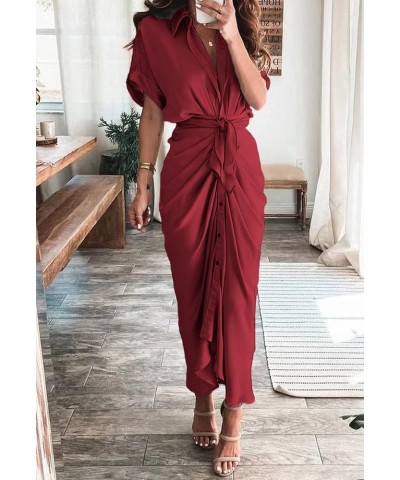 Women's Elegant Satin Shirt Maxi Dress Short Sleeve Deep V Neck Button Down Ruched Long Dress with Belt Ruby $17.60 Dresses