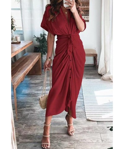 Women's Elegant Satin Shirt Maxi Dress Short Sleeve Deep V Neck Button Down Ruched Long Dress with Belt Ruby $17.60 Dresses