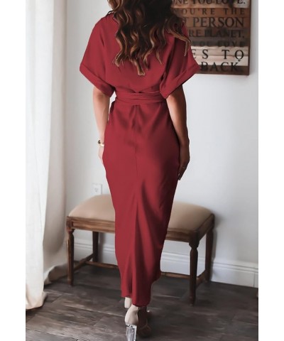 Women's Elegant Satin Shirt Maxi Dress Short Sleeve Deep V Neck Button Down Ruched Long Dress with Belt Ruby $17.60 Dresses