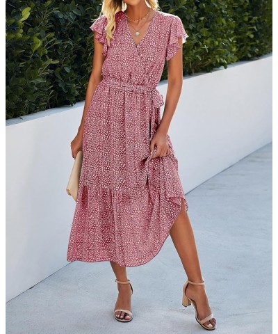 Women Summer Bohemian Floral Casual Wrap V Neck Ruffle Cap Sleeveless Belt A-Line Pleated Hem Midi Sun Dress White Red $23.04...