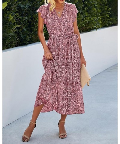 Women Summer Bohemian Floral Casual Wrap V Neck Ruffle Cap Sleeveless Belt A-Line Pleated Hem Midi Sun Dress White Red $23.04...