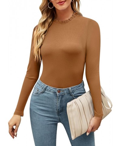 Women's Basic Ruffle Mock Turtle Neck Long Sleeve Slim Fit Stretchy Ribbed Bodysuit Tops Brown $10.32 Lingerie
