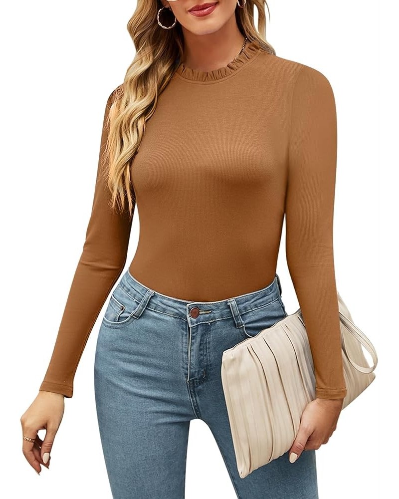 Women's Basic Ruffle Mock Turtle Neck Long Sleeve Slim Fit Stretchy Ribbed Bodysuit Tops Brown $10.32 Lingerie