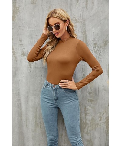 Women's Basic Ruffle Mock Turtle Neck Long Sleeve Slim Fit Stretchy Ribbed Bodysuit Tops Brown $10.32 Lingerie