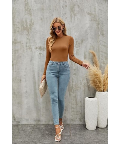 Women's Basic Ruffle Mock Turtle Neck Long Sleeve Slim Fit Stretchy Ribbed Bodysuit Tops Brown $10.32 Lingerie