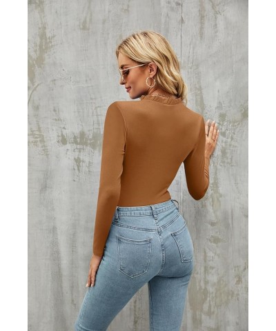 Women's Basic Ruffle Mock Turtle Neck Long Sleeve Slim Fit Stretchy Ribbed Bodysuit Tops Brown $10.32 Lingerie