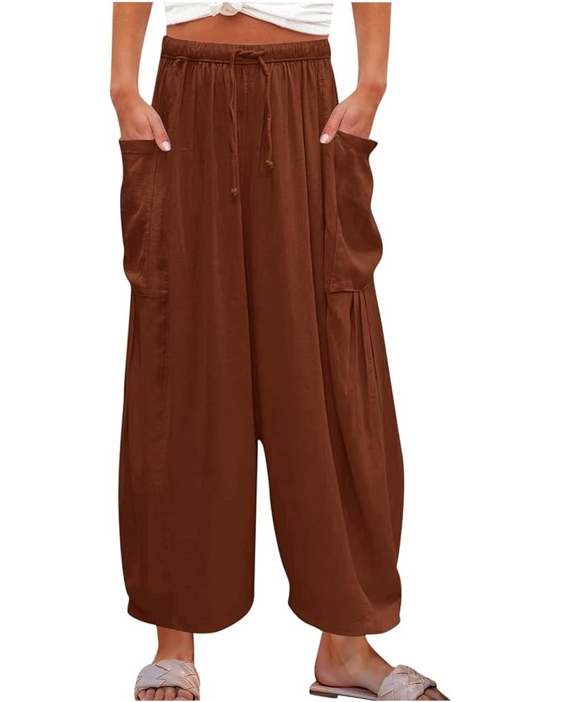 Women's Wide Leg Capri Pants Casual Loose Fit Lantern Trousers Drawstring Elastic Waist Pants Coffee $11.04 Pants