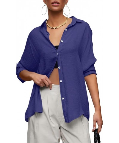 Womens Button Down V Neck Collared Shirts Dressy Casual Long Sleeve Roll Up Blouses Loose Cover Ups Tunic Tops Dark Blue $17....