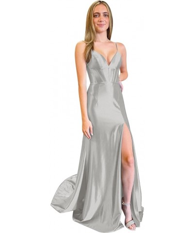 V Neck Satin Bridesmaid Dresses Spaghetti Strap Mermaid Prom Dress Slit Long Formal Evening Gown Silver $36.66 Dresses