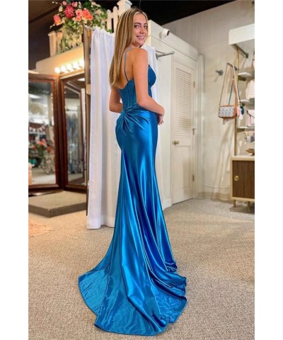 V Neck Satin Bridesmaid Dresses Spaghetti Strap Mermaid Prom Dress Slit Long Formal Evening Gown Silver $36.66 Dresses