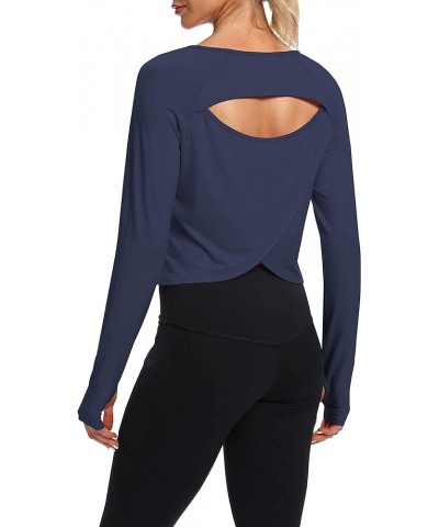 Cute Long Sleeve Workout Running Shirts Athletic Yoga Gym Crop Tops for Women Navy Blue $12.59 Activewear