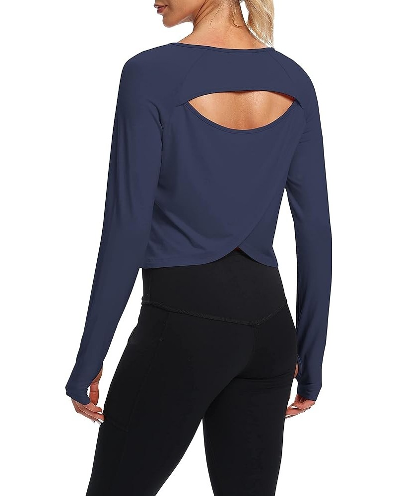 Cute Long Sleeve Workout Running Shirts Athletic Yoga Gym Crop Tops for Women Navy Blue $12.59 Activewear