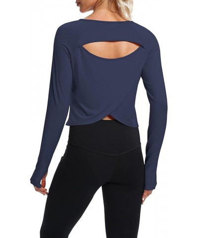 Cute Long Sleeve Workout Running Shirts Athletic Yoga Gym Crop Tops for Women Navy Blue $12.59 Activewear