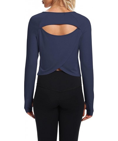 Cute Long Sleeve Workout Running Shirts Athletic Yoga Gym Crop Tops for Women Navy Blue $12.59 Activewear