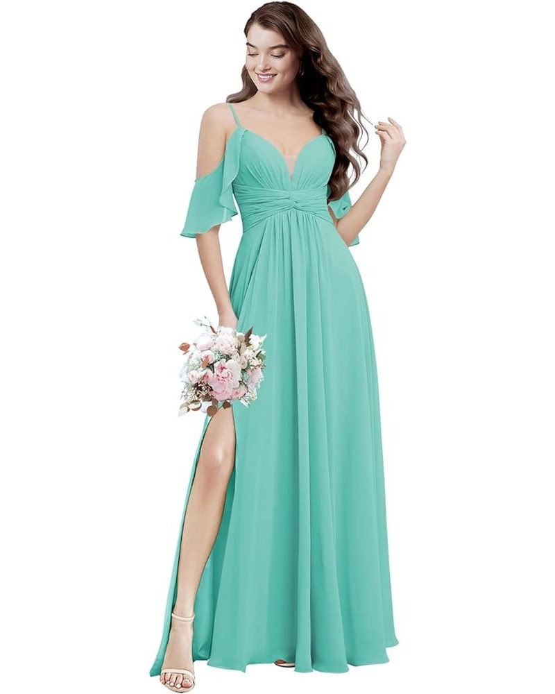 Spaghetti Straps Chiffon Bridesmaid Dresses with Slit A-Line Flowy Sleeve Cross Waist Pleated Wedding Guest Dress Long Aqua $...