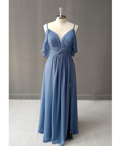 Spaghetti Straps Chiffon Bridesmaid Dresses with Slit A-Line Flowy Sleeve Cross Waist Pleated Wedding Guest Dress Long Aqua $...