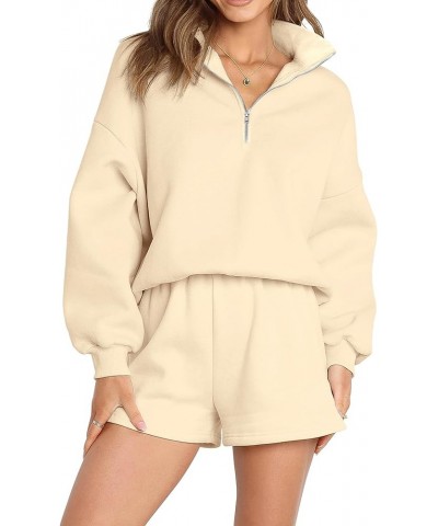 2024 2 Piece Trendy Outfits for Women Comfy Half Zip Collared Long Sleeve Shorts Sweatsuits Lounge Sets Apricot $19.23 Active...