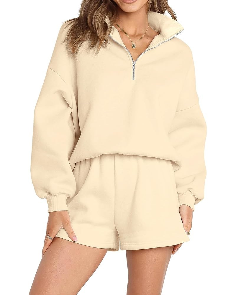 2024 2 Piece Trendy Outfits for Women Comfy Half Zip Collared Long Sleeve Shorts Sweatsuits Lounge Sets Apricot $19.23 Active...