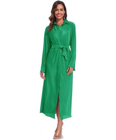 Shirt Dresses for Women 2023 Fall Dresses Vneck Long Sleeve Maxi Button Down Dress Casual Ruffle Tunic Tops with Belt Green $...