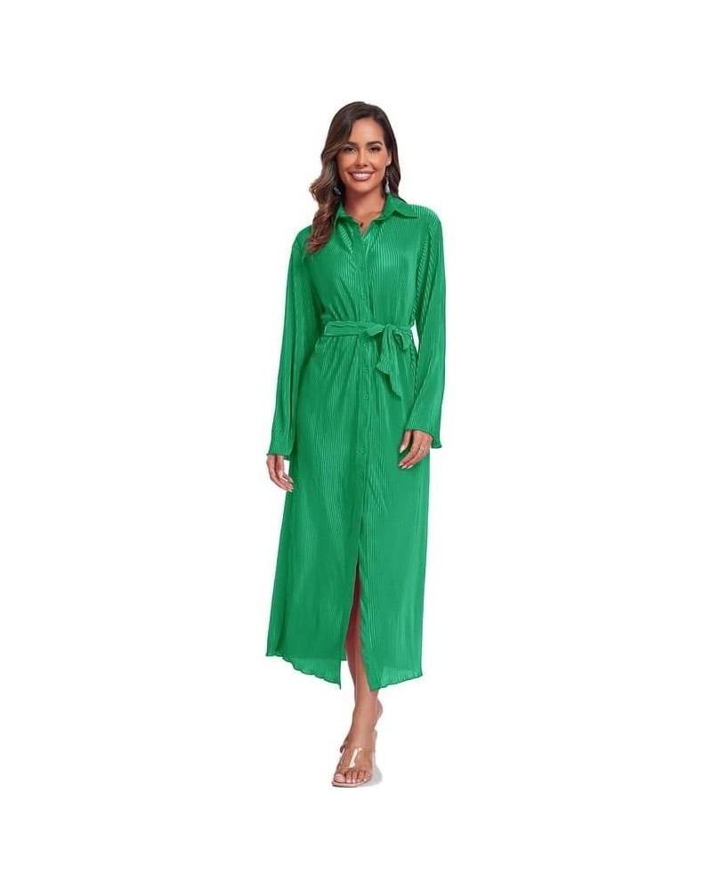 Shirt Dresses for Women 2023 Fall Dresses Vneck Long Sleeve Maxi Button Down Dress Casual Ruffle Tunic Tops with Belt Green $...