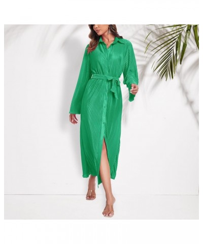 Shirt Dresses for Women 2023 Fall Dresses Vneck Long Sleeve Maxi Button Down Dress Casual Ruffle Tunic Tops with Belt Green $...