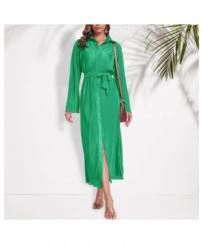 Shirt Dresses for Women 2023 Fall Dresses Vneck Long Sleeve Maxi Button Down Dress Casual Ruffle Tunic Tops with Belt Green $...