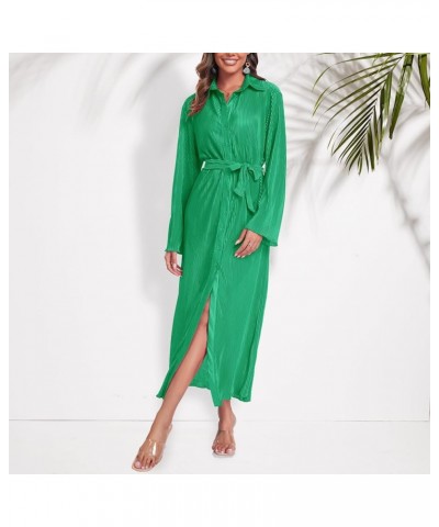 Shirt Dresses for Women 2023 Fall Dresses Vneck Long Sleeve Maxi Button Down Dress Casual Ruffle Tunic Tops with Belt Green $...