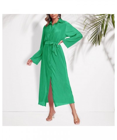 Shirt Dresses for Women 2023 Fall Dresses Vneck Long Sleeve Maxi Button Down Dress Casual Ruffle Tunic Tops with Belt Green $...