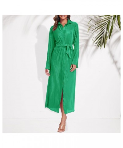 Shirt Dresses for Women 2023 Fall Dresses Vneck Long Sleeve Maxi Button Down Dress Casual Ruffle Tunic Tops with Belt Green $...