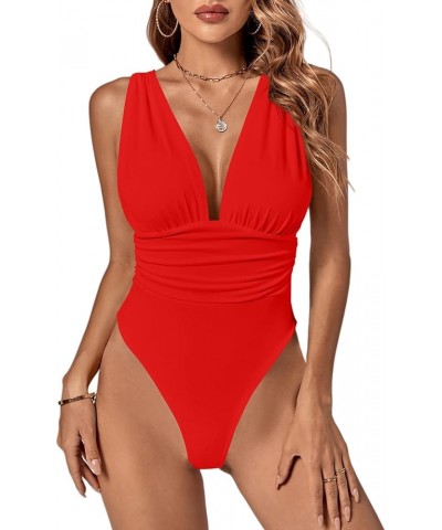 Women's Deep V Neck Sleeveless Bodycon Sexy Ruched Leotard Bodysuit Red $12.40 Bodysuits