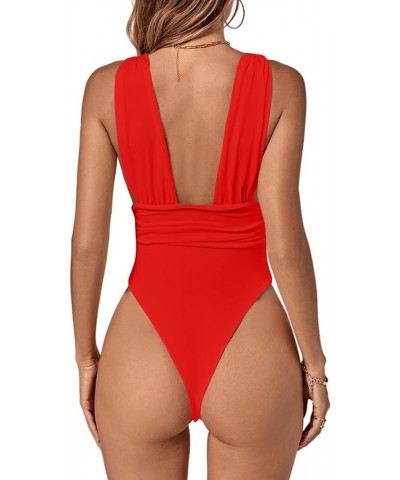 Women's Deep V Neck Sleeveless Bodycon Sexy Ruched Leotard Bodysuit Red $12.40 Bodysuits