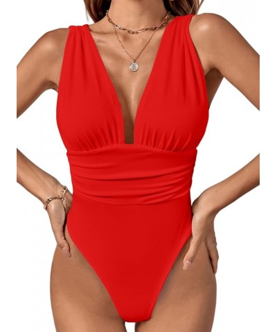 Women's Deep V Neck Sleeveless Bodycon Sexy Ruched Leotard Bodysuit Red $12.40 Bodysuits