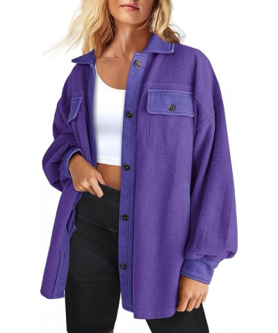 Womens Flannel Jacket Long Sleeve Button Down Shirts Oversized Collared Fleece Shacket With Pockets Purple $8.99 Jackets