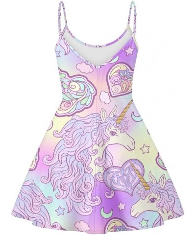 JooMeryer Women's 3D Pink Unicorn Print V-Neck Spaghetti Strap Back Zip A-Line Swing Midi Dress Purple Unicorn $13.19 Dresses